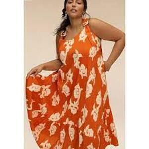 EXQUISE Phoebe Flounced Maxi Dress Orange Cream Embroidered Flowers Size L